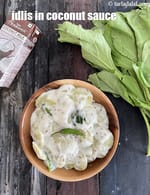 idlis in coconut sauce recipe | palak idlis in coconut curry | spinach idlis in coconut curry |