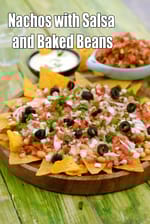 Nachos with Salsa and Baked Beans recipe, corn chips with salsa, baked beans