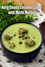 Hara Chana Coconut Curry with Methi Muthia | Coconut Milk Hara Chana Curry | Gujarati Style Hara Chana Curry with Fenugreek Dumplings |