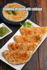 semolina uttapam with cabbage recipe | instant rava vegetable pancake |Â sooji chilla with curds |Â