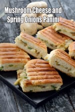 Mushroom Cheese and Spring Onions Panini | grilled mushroom cheese sandwich |  Indian style grilled sandwich made from hot dog rolls |