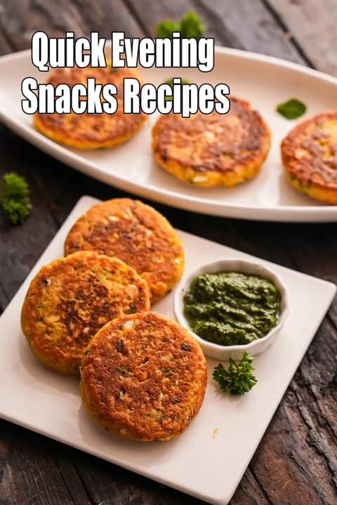 Quick evening snacks recipes image with crispy veg tikkis served with green chutney on white plates.