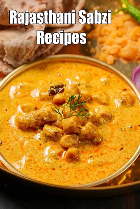 Rajasthani curry served in a brass bowl with a rich yellow-orange gravy and dumpling-style pieces, garnished with coriander, accompanied by roti and traditional sides, with the text “Rajasthani Sabzi Recipes” displayed on the image.