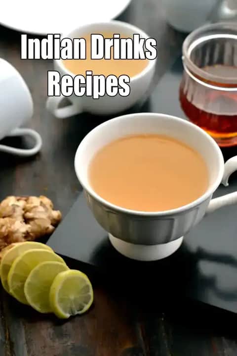 Indian drinks recipes banner with a cup of chai tea, lemon slices, ginger, and a glass of tea on a dark table