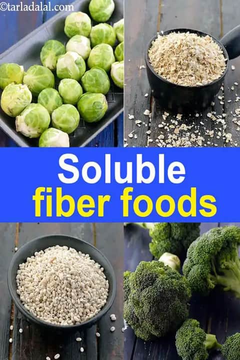 A collage of four square images highlights various sources of soluble fiber. The top-left shows a black tray filled with fresh, green Brussels sprouts. The top-right features a black bowl overflowing with rolled oats on a rustic wooden surface. The bottom-left displays a dark bowl filled with pearled barley grains. The bottom-right showcases fresh, vibrant green broccoli florets. A bright blue horizontal band in the center features the bold yellow text, Soluble fiber foods.
