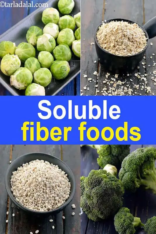 A collage of four square images highlights various sources of soluble fiber. The top-left shows a black tray filled with fresh, green Brussels sprouts. The top-right features a black bowl overflowing with rolled oats on a rustic wooden surface. The bottom-left displays a dark bowl filled with pearled barley grains. The bottom-right showcases fresh, vibrant green broccoli florets. A bright blue horizontal band in the center features the bold yellow text, Soluble fiber foods.
