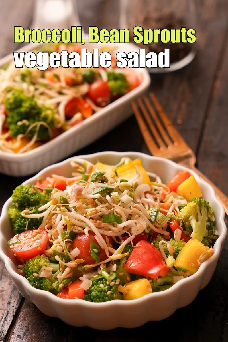 Broccoli, bean sprouts vegetable salad recipe | healthy Indian broccoli and bean sprouts salad | folic acid, vitamin B1, iron rich salad | | Tarla Dalal