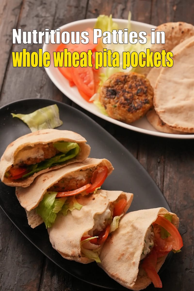 Nutritious patties in whole wheat pita pockets recipe |  paneer and broken wheat patties in whole wheat pita pockets |  healthy vegetable wrap | | Tarla Dalal