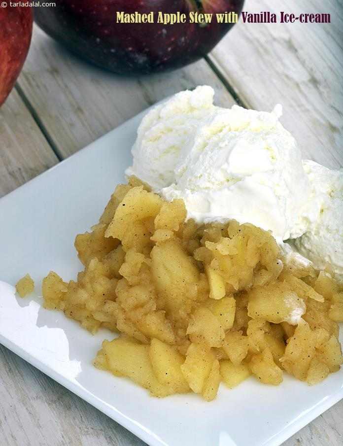 Mashed Apple Stew with Vanilla Ice-cream recipe | Tarla Dalal