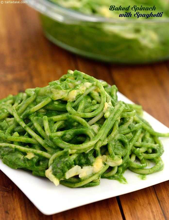 Baked Spinach with Spaghetti | Tarla Dalal
