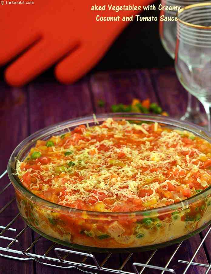 Baked Vegetables with Creamy Coconut and Tomato Sauce recipe, Party Recipes, Entertaining Recipes | Tarla Dalal