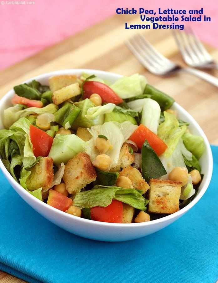 Chick Pea, Lettuce and Vegetable Salad in Lemon Dressing | Tarla Dalal