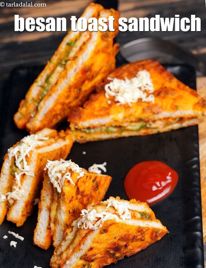 Besan toast sandwich | bread besan sandwich | chutney cheese besan toast | | Tarla Dalal