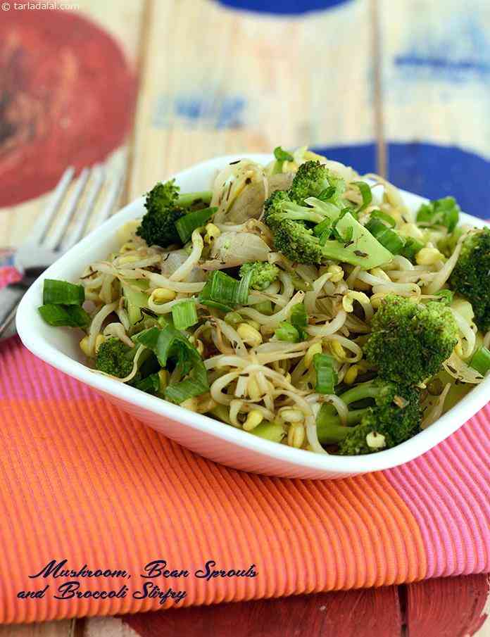 Mushroom, Bean Sprouts and Broccoli Stir-fry | Tarla Dalal