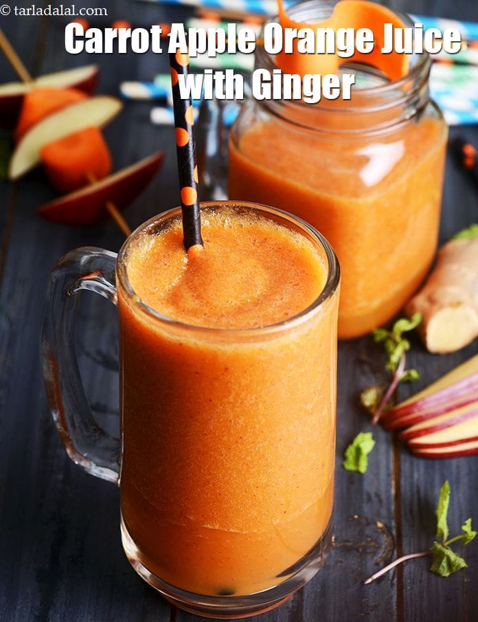 Carrot apple juice with ginger recipe | healthy Indian carrot apple drink | detox carrot orange juice |  | Tarla Dalal