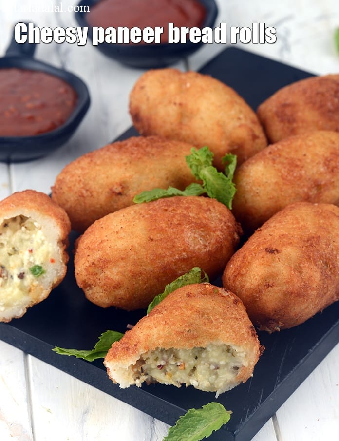 Cheesy paneer bread rolls recipe | Indian style paneer cheese stuffed bread rolls | cheese paneer bread roll | | Tarla Dalal