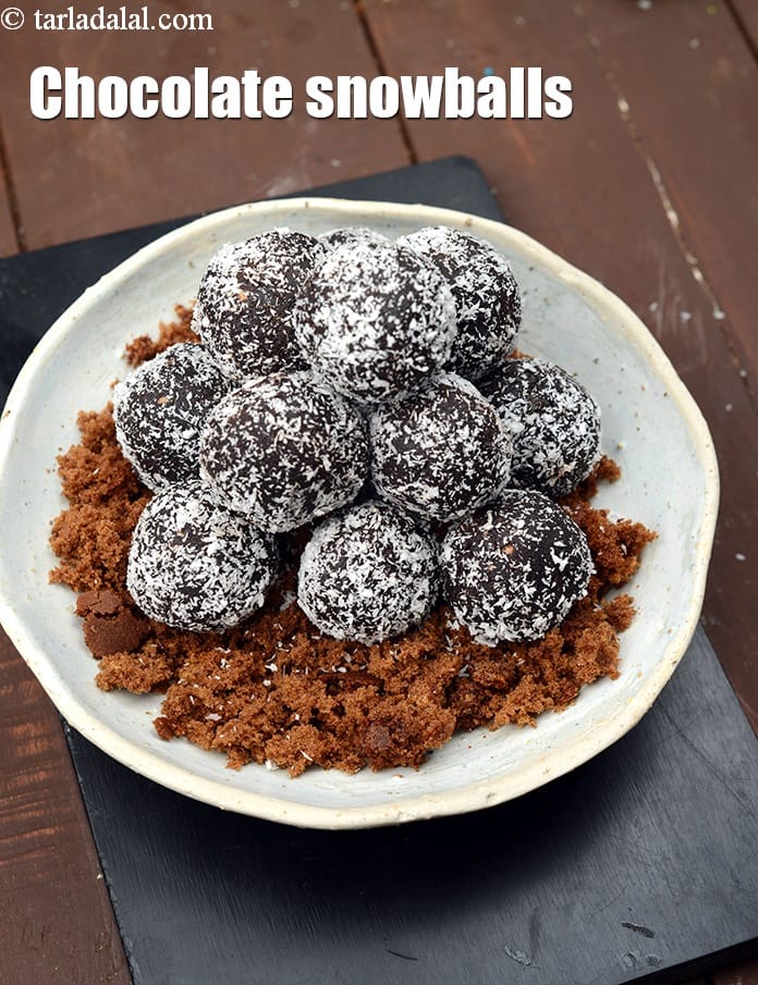 Chocolate snowballs recipe | Indian no bake chocolate coconut snowballs | double chocolate snowballs | Tarla Dalal