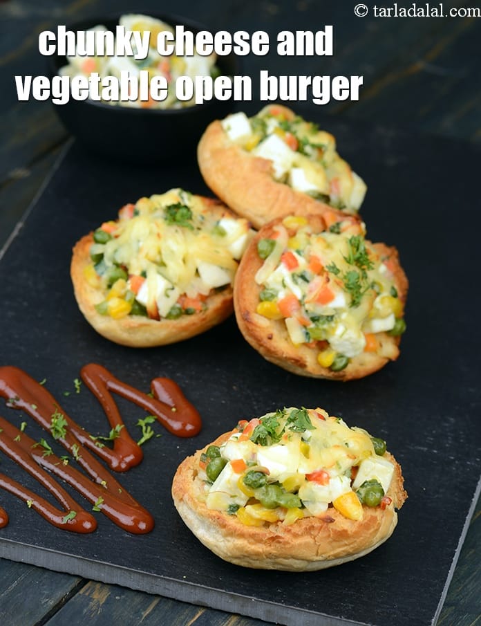 Chunky cheese and vegetable open burger recipe | Indian cheesy vegetable burger | veg cheese open burger |  | Tarla Dalal