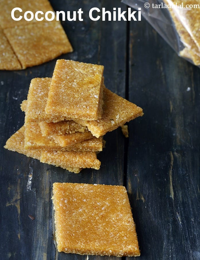 Coconut chikki recipe | kopra chikki Indian recipe | kopra chikki with jaggery | Lonavala style coconut chikki | nariyal ki chikki | | Tarla Dalal