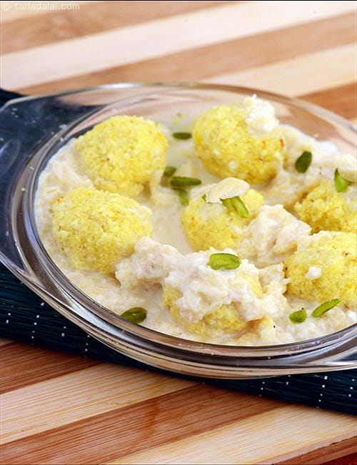 Coconut Paneer Rolls in Apple Rabri recipe, Eggless Dessert Recipes | Tarla Dalal