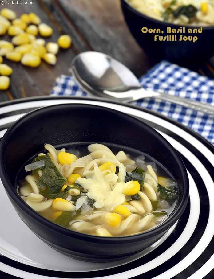 Corn, Basil and Fusilli Soup ( Corn) | Tarla Dalal
