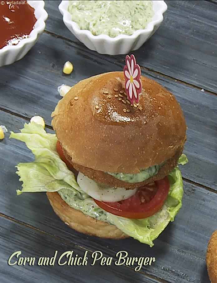 Corn and Chick Pea Burger ( Burgers and Smoothies Recipe) | Tarla Dalal