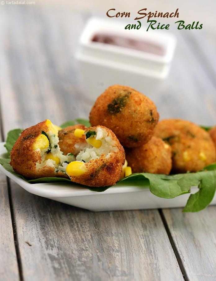 Corn, Spinach and Rice Balls (  Fun Food for Children) recipe | Tarla Dalal