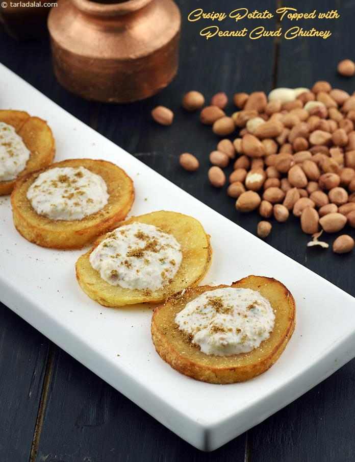 Crsipy Potato Topped with Peanut Curd Chutney, Vrat, Upvas | Tarla Dalal