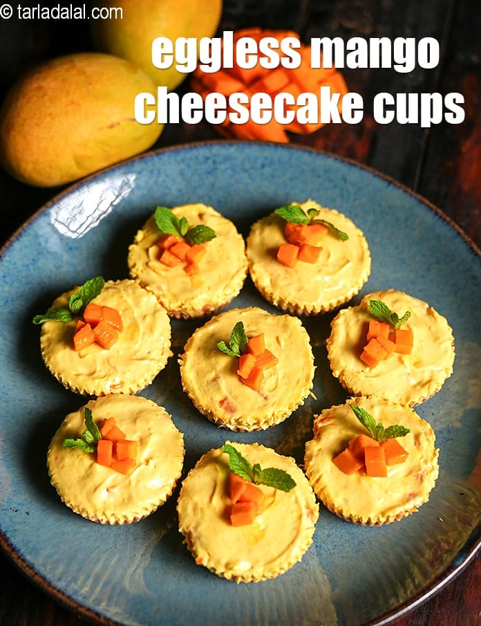 Eggless mango cheesecake cups recipe | no bake mini mango cheesecake | mango cheesecake cups | | Tarla Dalal
