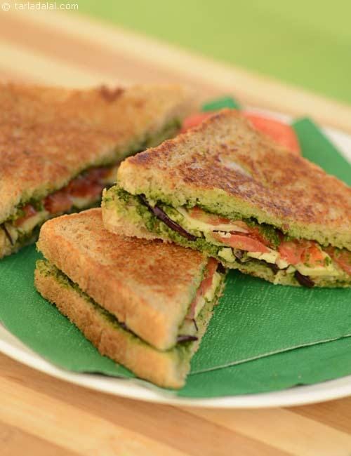 Eggplant, Tomato and Chutney Toasted Sandwich | Tarla Dalal