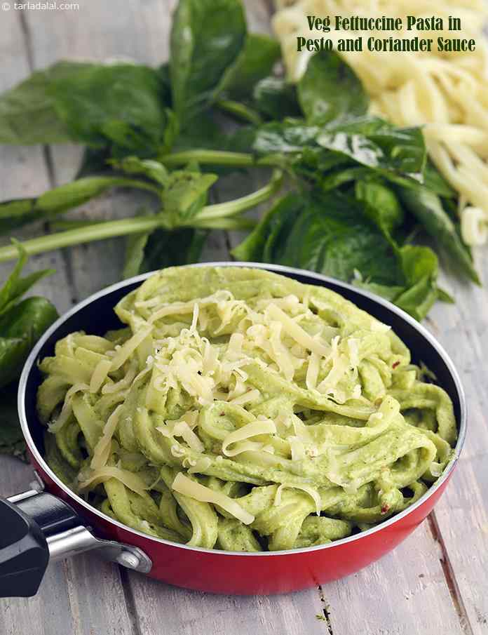 Veg Fettuccine Pasta in Pesto and Coriander Sauce | Tarla Dalal