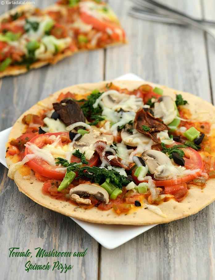 Tomato, Mushroom and Spinach Pizza | Tarla Dalal