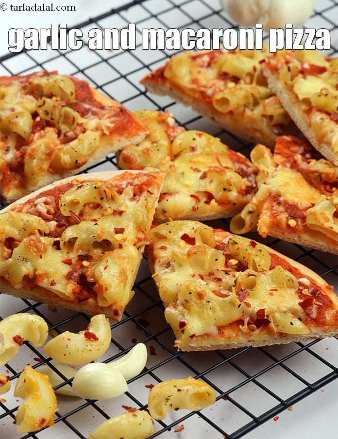 Garlic and macaroni pizza | macaroni and cheese pizza | pasta pizza | | Tarla Dalal