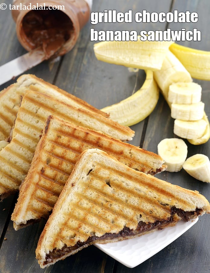 Grilled chocolate banana sandwich recipe | easy breakfast recipe | grilled nutella banana sandwich | leftover bread recipe | | Tarla Dalal