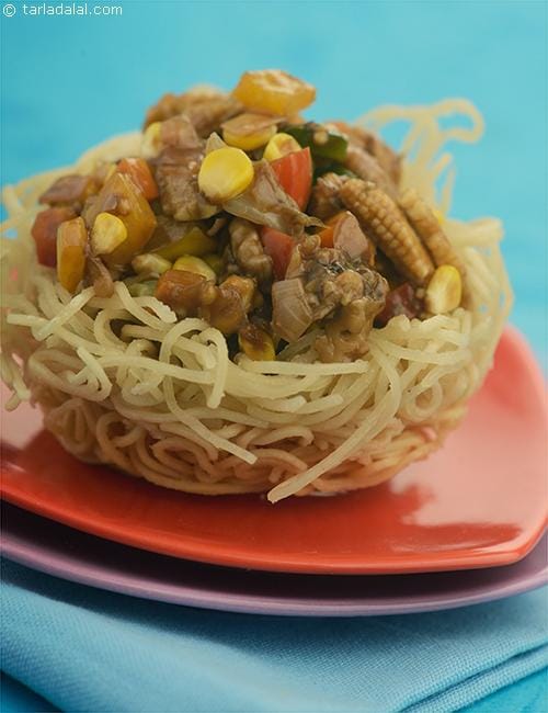 Imperial Salad in Crispy Noodle Basket | Tarla Dalal