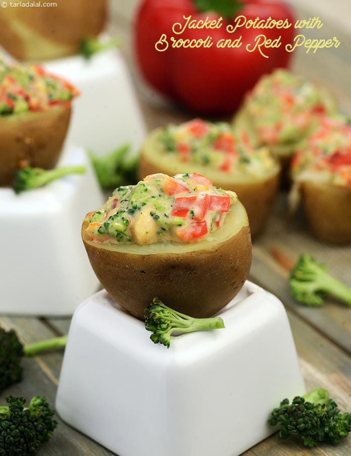 Jacket Potatoes with Broccoli and Red Pepper | Tarla Dalal