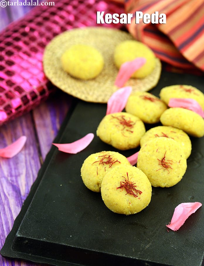 Kesar peda recipe | instant kesar peda | quick and easy peda recipe | kesar mawa peda | | Tarla Dalal