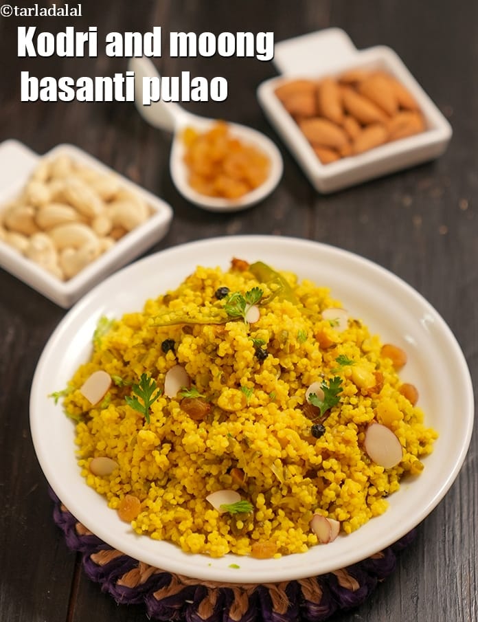 Kodri and moong basanti pulao recipe | diabetes and kidney friendly basanti pulao | moong varagu basanti pulao | | Tarla Dalal