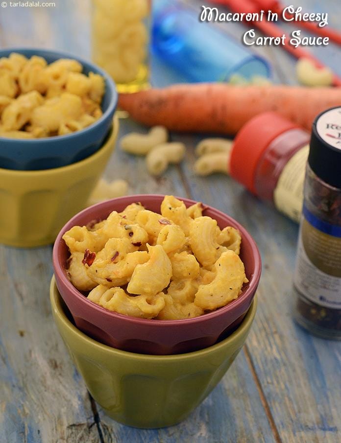 Macaroni in Cheesy Carrot Sauce ( Tiffin Treats) | Tarla Dalal