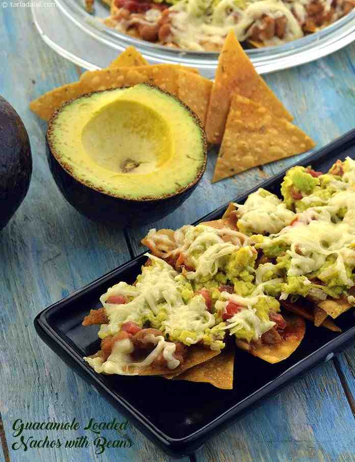 Guacamole Loaded Nachos with Beans, Nachos with Guacamole and Beans | Tarla Dalal