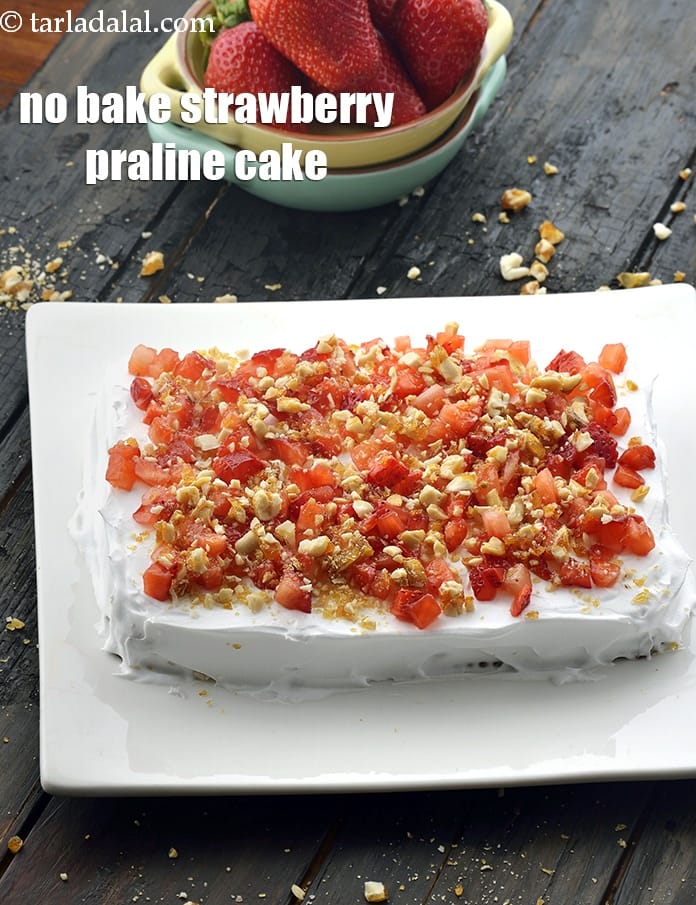 No bake strawberry praline cake recipe | Indian strawberry cake with mixed nut praline |  | Tarla Dalal