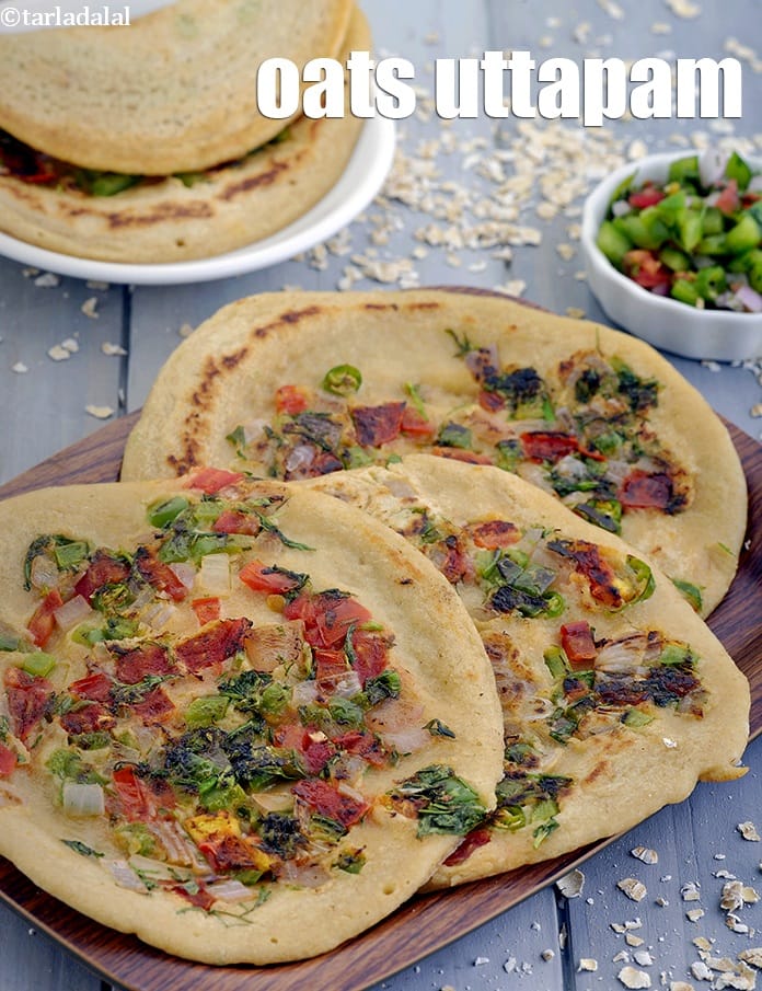 Oats uttapam recipe | instant oats vegetable uttapam | healthy oats whole wheat uttapam | | Tarla Dalal