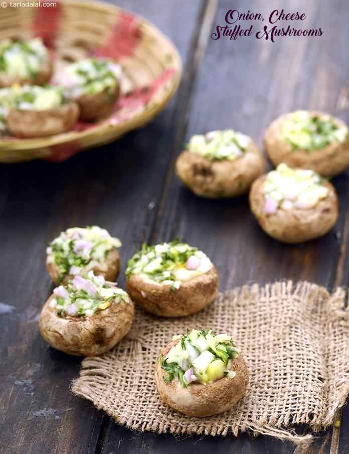 Onion, Cheese Stuffed Mushrooms | Tarla Dalal