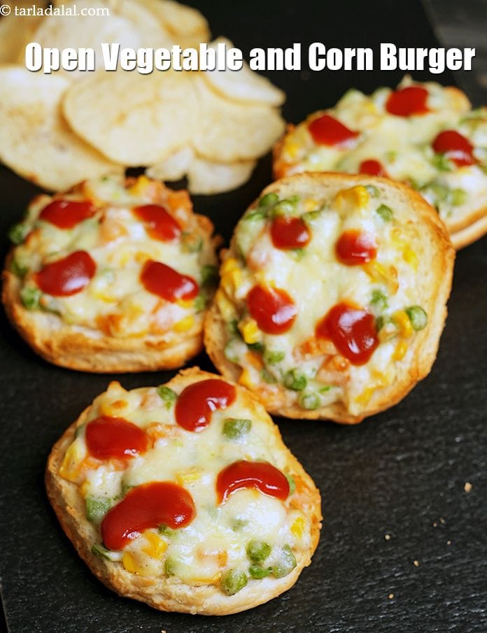Open vegetable and corn burger recipe | open burger veggie toast | | Tarla Dalal