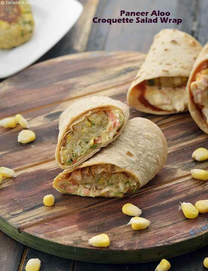 Paneer Aloo Croquette Salad Wrap | Tarla Dalal