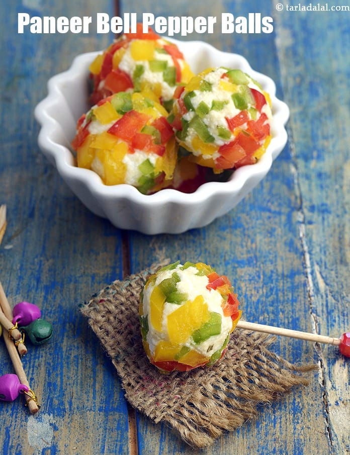 Paneer bell pepper balls recipe | healthy malai paneer capsicum balls | Indian cold starter | cottage cheese bell pepper balls |  | Tarla Dalal