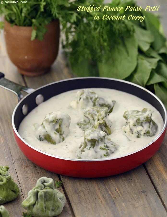 Stuffed Paneer Palak Potli in Coconut Curry | Tarla Dalal