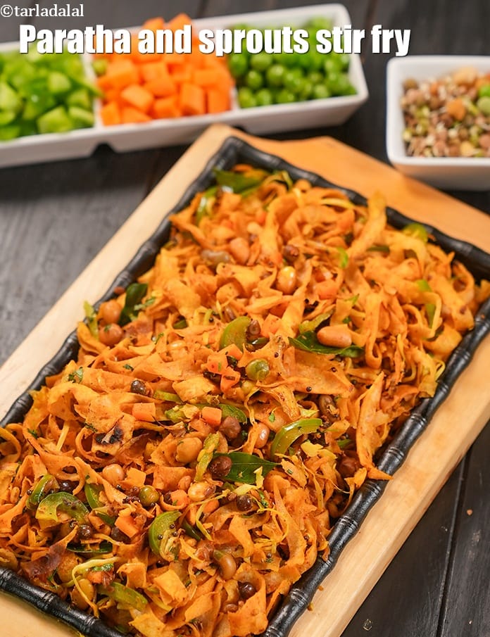 Paratha and sprouts stir fry recipe | healthy vegetables and sprouts roti stir fry | leftover roti stir fry | | Tarla Dalal