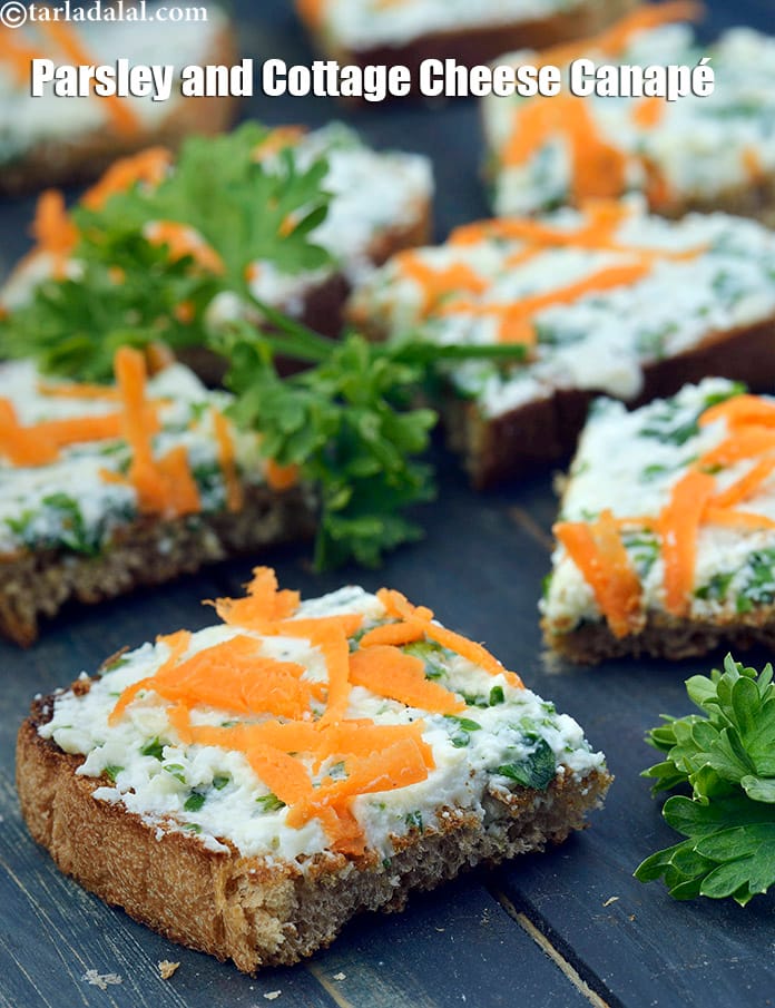 Parsley and cottage cheese canapé recipe | healthy paneer toast | parsley paneer multigrain toast | | Tarla Dalal