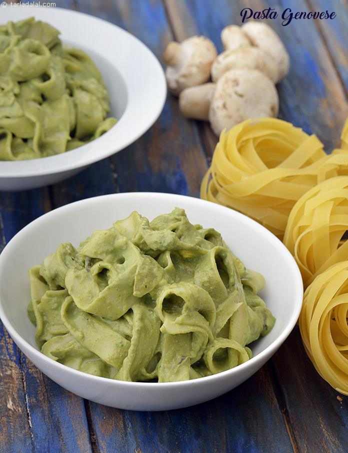 Pasta Genovese, Pesto Pasta with Mushrooms | Tarla Dalal